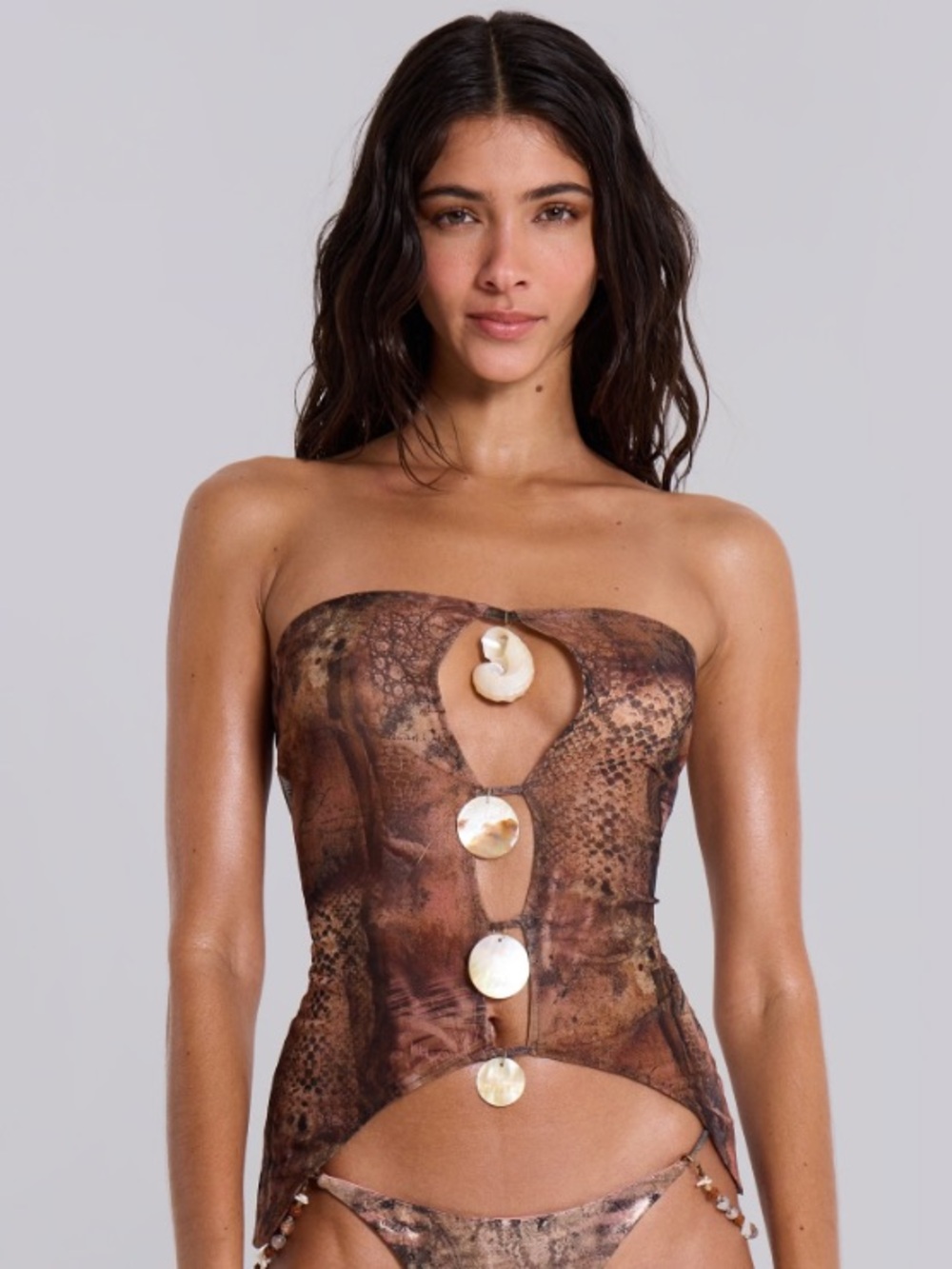 Jaded London Gualia Strapless Cut Out Mesh Top WithShells in Snake Print Brown S